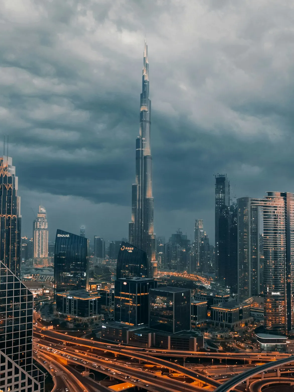 Dubai skyline under heavy storm clouds